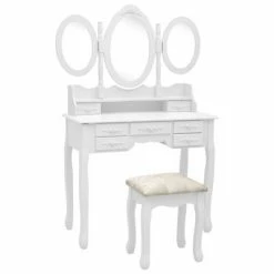 VidaXL Coiffeuse avec tabouret et miroir pliable en 3 Blanc