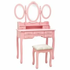 VidaXL Coiffeuse avec tabouret et miroir pliable en 3 Rose
