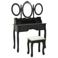 VidaXL Coiffeuse avec tabouret et miroir pliable en 3 Noir