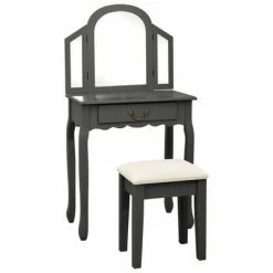 VidaXL Coiffeuse et tabouret Gris 65x36x128 cm Bois de paulownia MDF