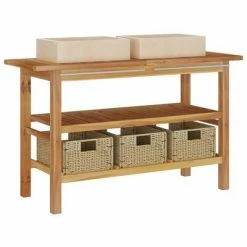 VidaXL Meuble salle de bain lavabos en marbre crème Bois teck massif